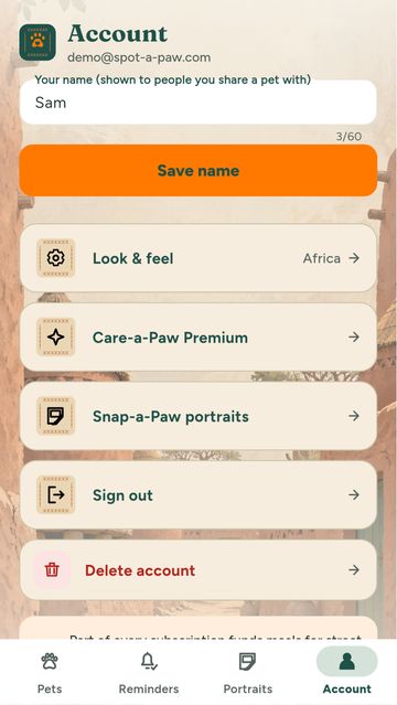 An a-Paw screen in the Africa skin